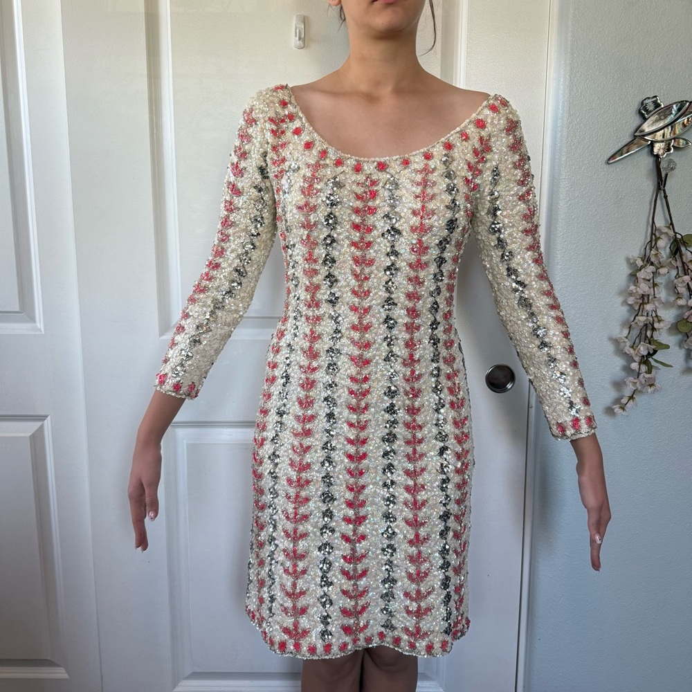 VINTAGE 50s 60s | Edith Morré | Palm Desert amazing ivory pink sequin dress M L - Picture 10 of 14